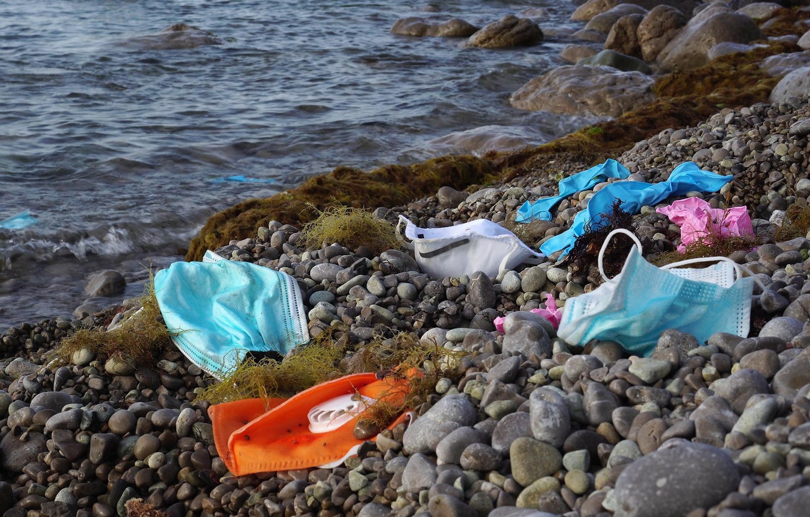 Waste during COVID-19. Discarded to ocean coronavirus single-use